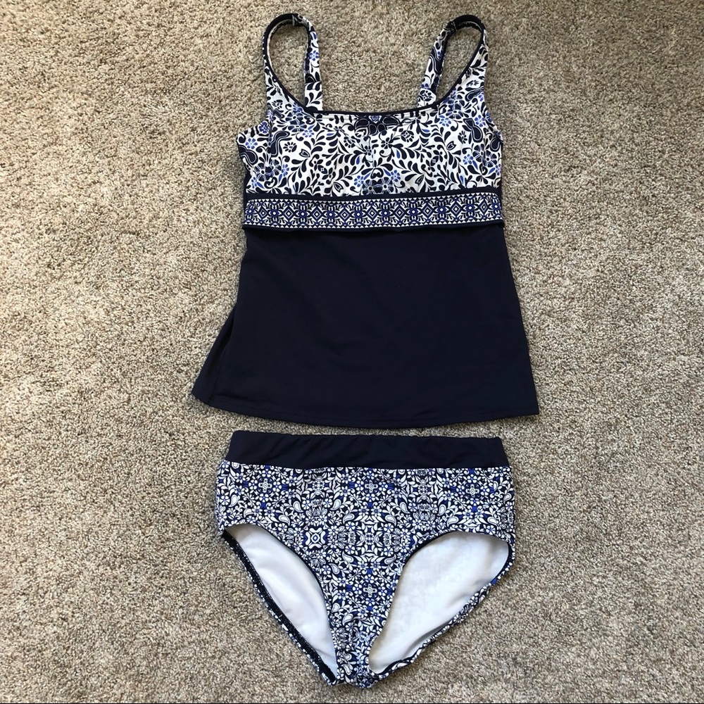 Land’s End women’s two piece swimsuit bathing suit size 2 navy and white